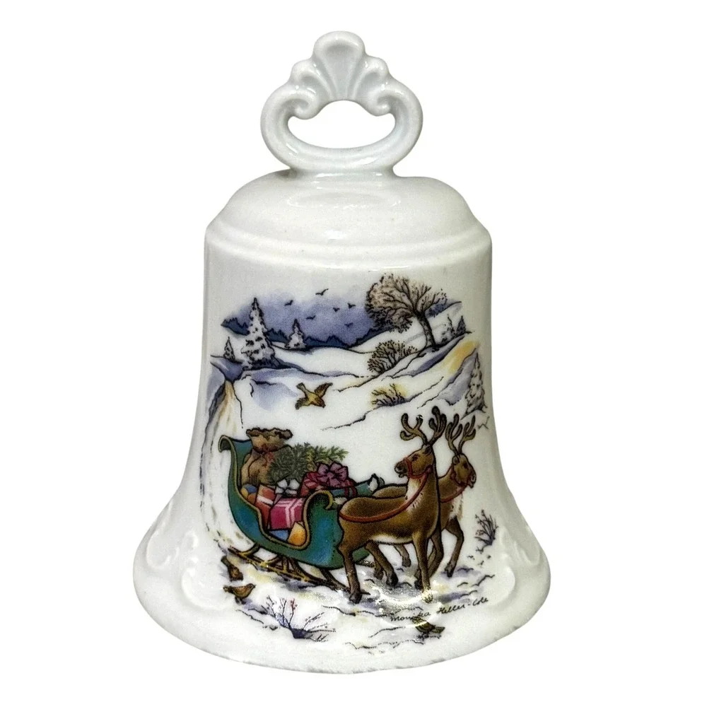 Vintage Ceramic Christmas Bell Sleigh Reindeer‎ Scene Cottage Holiday Decor Gift